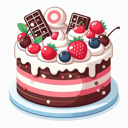 Birthday cake with berries, chocolate and cream. Vector illustration.のイラスト素材