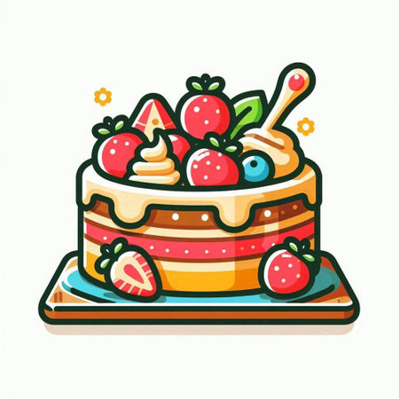 Fruit cake with cream and strawberries. Hand drawn vector illustration.のイラスト素材