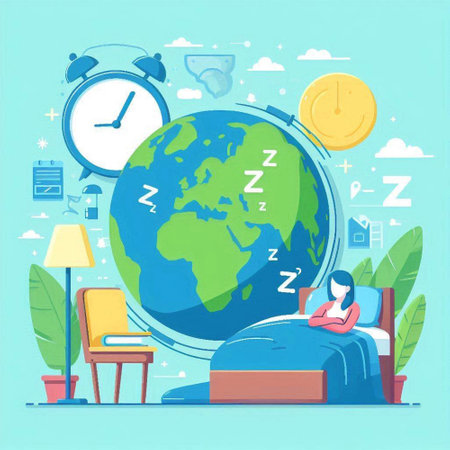 Vector illustration of a girl sleeping in bed with alarm clock and world globe.のイラスト素材