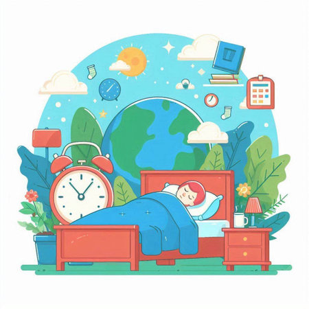 Illustration of a sleeping man in bed with alarm clock, vector illustrationのイラスト素材