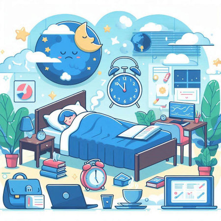 Illustration of sleeping boy in bed with laptop, books and alarm clockのイラスト素材