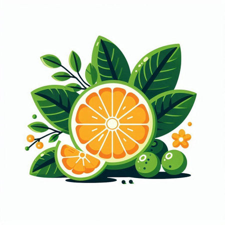 Citrus fruit with leaves, orange and lime. Vector illustration.のイラスト素材