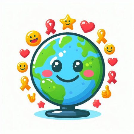 Globe with smiley faces and hearts. Vector flat illustration.のイラスト素材