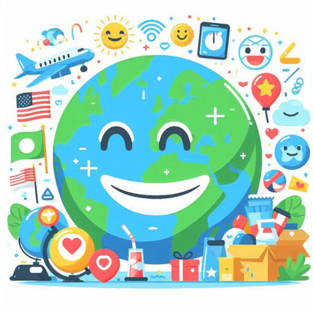 Vector flat cartoon illustration of happy planet earth with different icons around.のイラスト素材