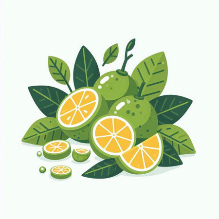 Citrus fruits with green leaves. Vector illustration in flat style.のイラスト素材