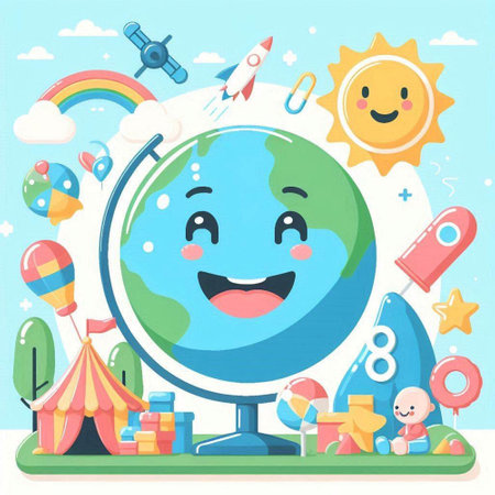 Vector illustration of a cute earth globe character with happy face and smiling face.のイラスト素材