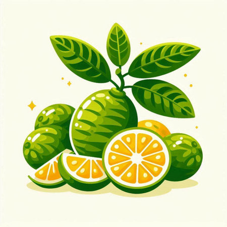 Lime fruit with leaves on a light background, vector illustration.のイラスト素材