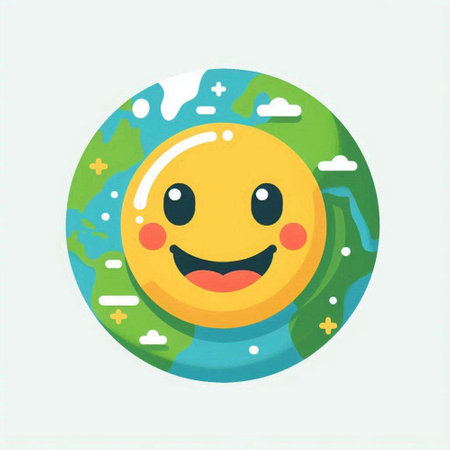 Cute cartoon planet earth with happy face. Vector flat illustration.のイラスト素材