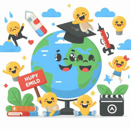 Vector illustration of happy school globe character with education icons. Flat style design.のイラスト素材