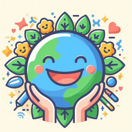Vector illustration of cute cartoon earth globe in hands. World environment day concept.のイラスト素材