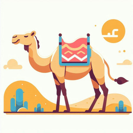 Camel in desert. Vector illustration in flat cartoon style. Camels in desert.のイラスト素材