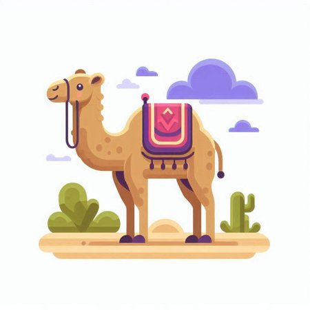 Camel on the desert. Vector illustration in flat cartoon style.のイラスト素材