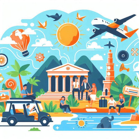 Travel and tourism flat vector illustration. Tourists traveling by plane, bus, hotel, cruise ship. Traveling and vacation conceptのイラスト素材