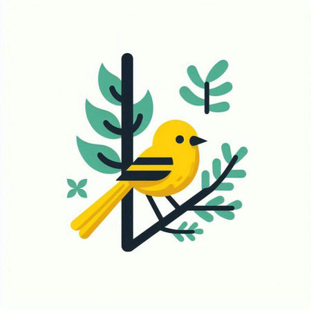 Cute yellow bird on a branch with leaves. Vector illustration.のイラスト素材