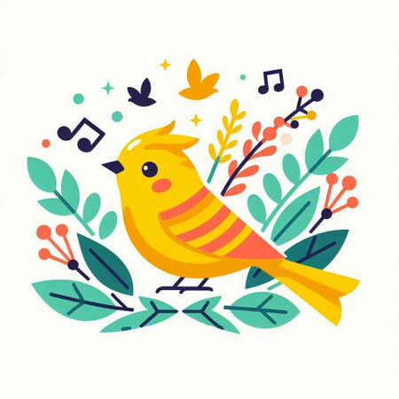 Vector illustration with cute yellow bird on floral background. Scandinavian style.のイラスト素材