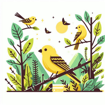 Cute yellow bird sitting on a branch among the leaves. Vector illustration.のイラスト素材