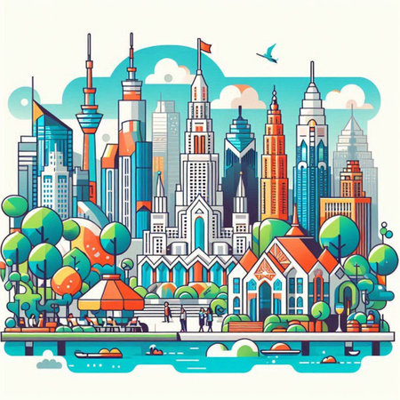 Cityscape of Shanghai, China. Vector illustration in flat style.のイラスト素材