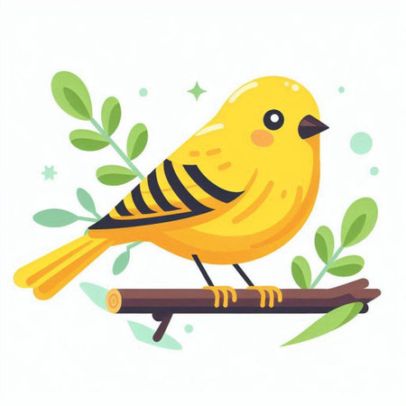 Cute yellow bird sitting on a tree branch. Vector illustration.のイラスト素材