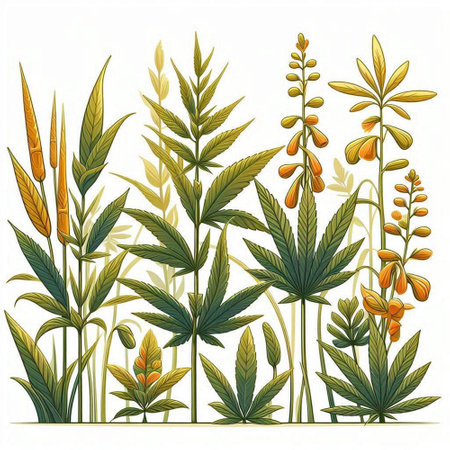 Set of medicinal plants. Cannabis, lupine. Vector illustrationのイラスト素材