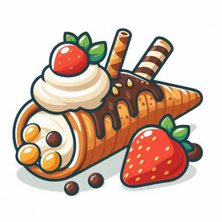 Chocolate waffle with whipped cream and strawberries. Vector illustration.のイラスト素材