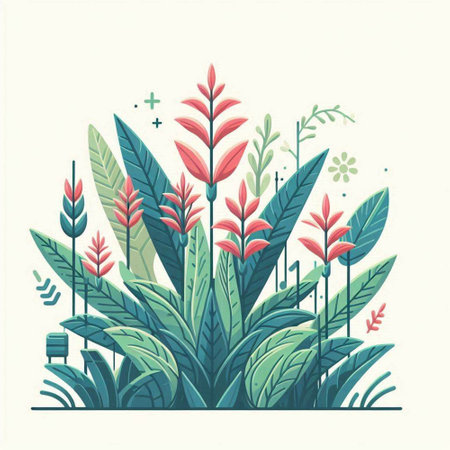Vector illustration of tropical plants, leaves and flowers in flat style.のイラスト素材