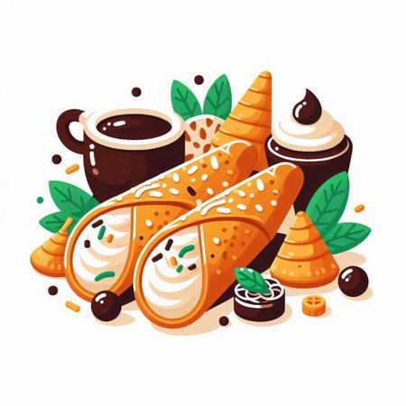 Coffee and ice cream vector illustration. Cappuccino and wafer rolls with ice cream.のイラスト素材