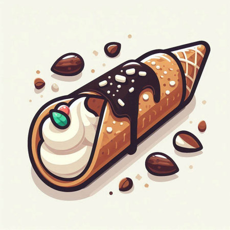 Vector illustration of ice cream roll with whipped cream and chocolate topping.のイラスト素材