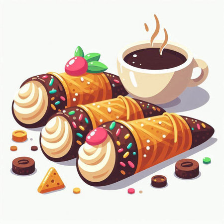 Cup of coffee, chocolate and wafer rolls. Vector illustration.のイラスト素材
