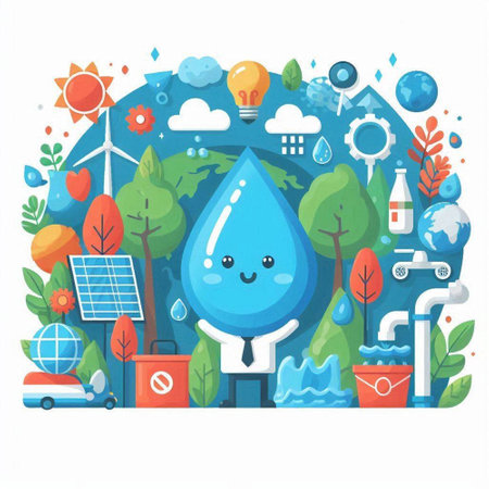 Ecology concept with water drop character. Vector illustration in flat styleのイラスト素材