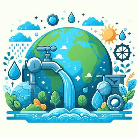 Ecology concept. Vector illustration of a green planet with a water tap.のイラスト素材