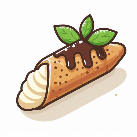 Illustration of a chocolate crepe roll with mint leaves on a white backgroundのイラスト素材