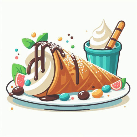 Vector illustration of ice cream roll with chocolate, ice cream and fruitsのイラスト素材