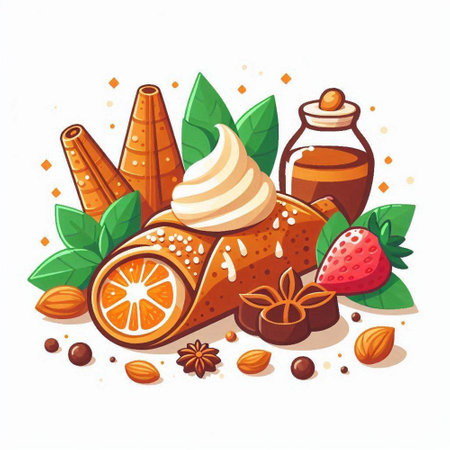 Cinnamon sticks, orange, honey, vanilla, star anise, cinnamon and mint. Vector illustration.のイラスト素材