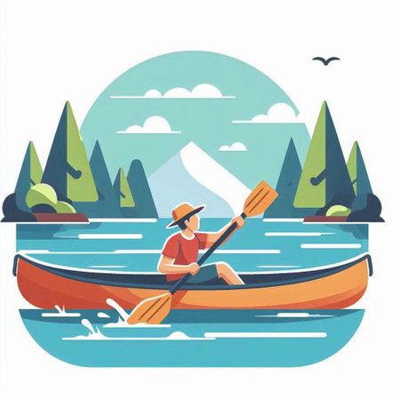 Man in a kayak on the lake. Flat vector illustration.のイラスト素材