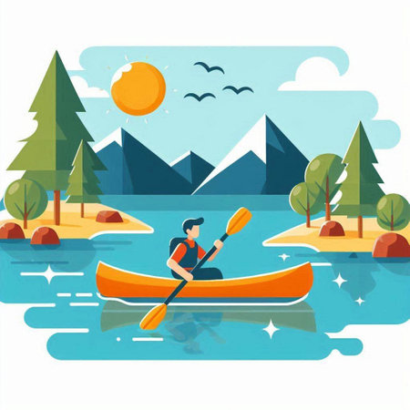 Kayaking on the lake. Vector illustration in flat cartoon style.のイラスト素材