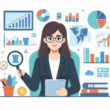 Businesswoman with magnifying glass and tablet. Vector illustration in flat styleのイラスト素材
