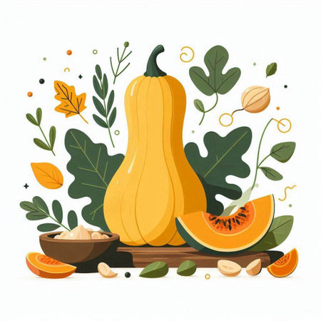 Pumpkin composition with pumpkins and leaves. Vector illustration.のイラスト素材