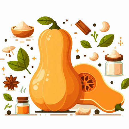 Pumpkin and spices. Vegetarian food. Vector illustration.のイラスト素材