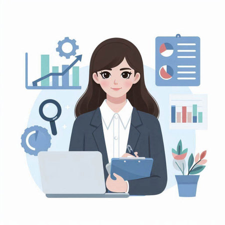 Business woman working with laptop and report. Vector illustration in flat style.のイラスト素材