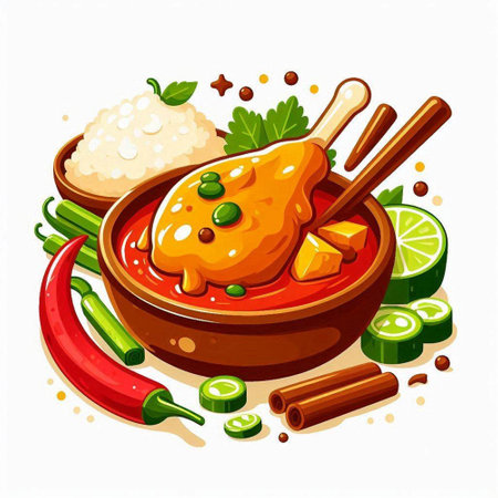 Illustration of chicken drumstick with rice in bowl. Vector illustrationのイラスト素材