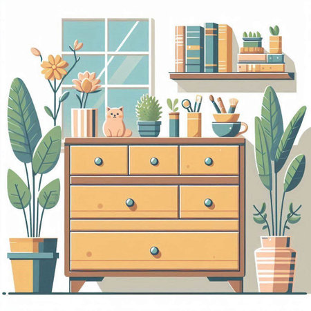 Interior of a living room with furniture and plants. Vector illustrationのイラスト素材