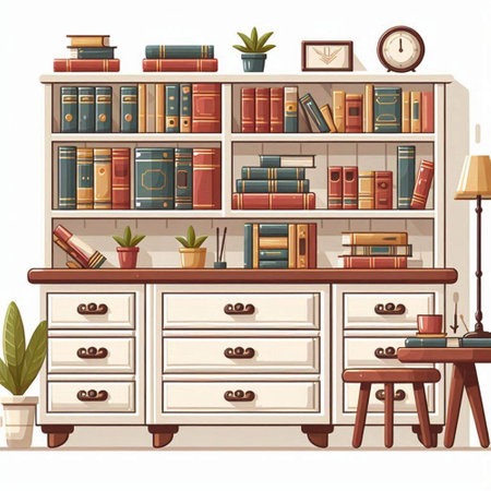 Bookshelf with books and accessories. Vector illustration in cartoon styleのイラスト素材