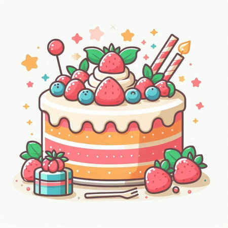 Birthday cake with berries. Vector illustration in doodle style.のイラスト素材