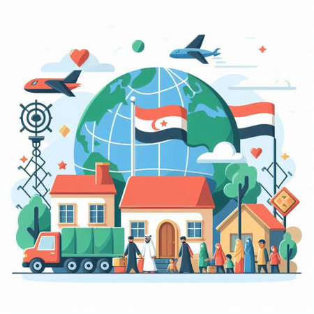 Vector illustration in flat style with people walking around the world, delivering goods.のイラスト素材