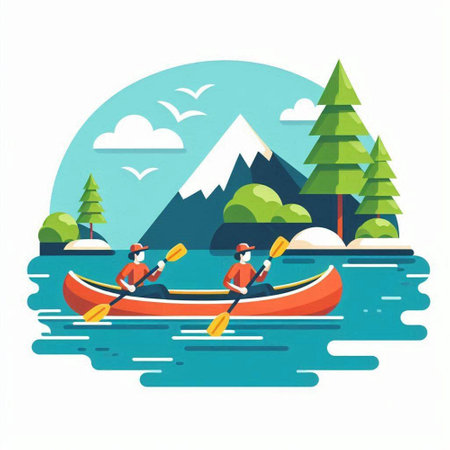 Kayaking in the mountains. Vector illustration in a flat style.のイラスト素材