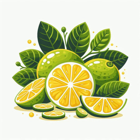 Fresh lime fruit with leaves isolated on white background. Vector illustration.のイラスト素材