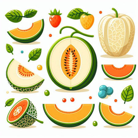 Melon and cantaloupe icons set. Cartoon vector illustration.のイラスト素材