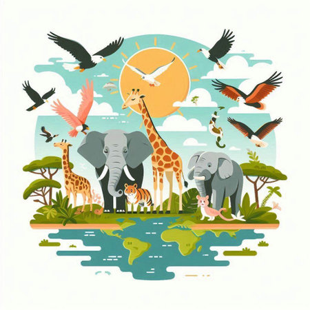 Animals in the savannah. African safari. Vector illustration.のイラスト素材