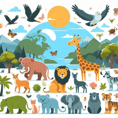 Animals in the wild. Vector illustration of wild animals in flat style.のイラスト素材