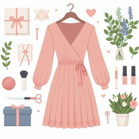 Women's fashion set. Pink dress, cosmetics, gift box, flowers, ribbons. Vector illustrationのイラスト素材